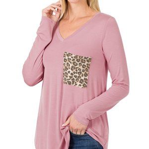 LONG SLEEVE V-NECK LEOPARD PRINT POCKET TOP